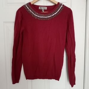 Cotton Blend Sweater with Beaded Neckline